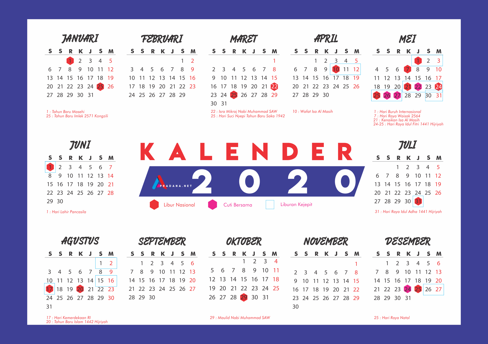 Download Kalender 2020  Indonesia Beserta Liburan Kejepit 