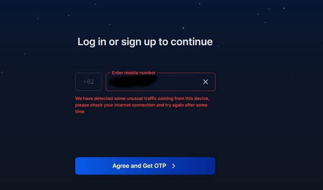 We have detected some unusual traffic coming from this device, please check your internet connection and try again after some time